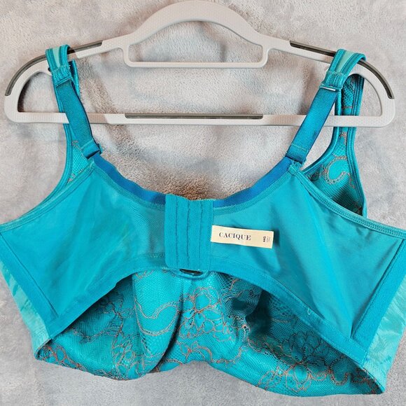 Cacique 44G Turquoise Lace Full Coverage Underwire Bra teal gold  accent wires - Picture 10 of 12